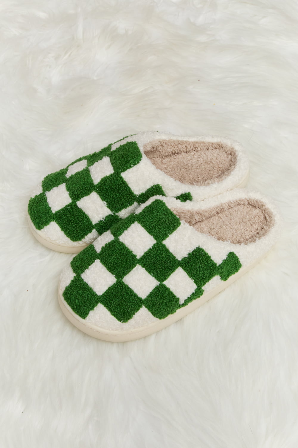 Melody Checkered Print Plush Slide Slippers