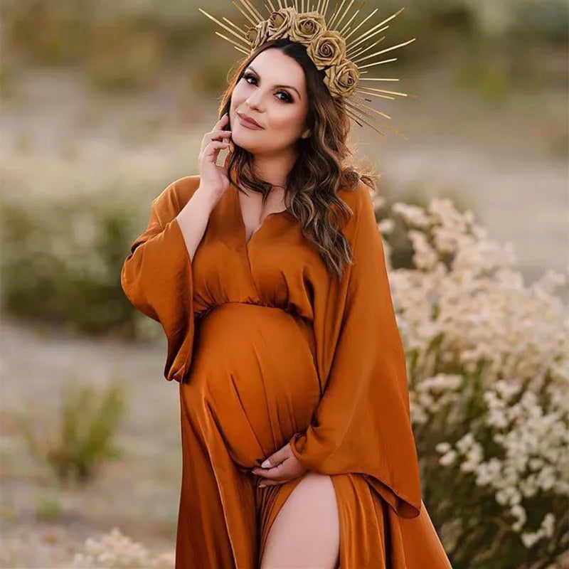 Boho V-neck Maternity Photo Shoot Long Dresses Satin Full Sleeve Pregnant Woman Photography Baby shower Dress