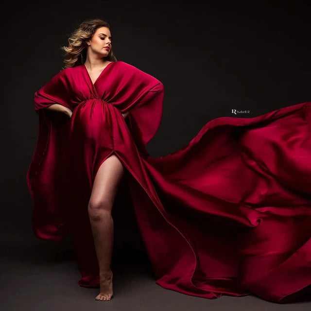 Boho V-neck Maternity Photo Shoot Long Dresses Satin Full Sleeve Pregnant Woman Photography Baby shower Dress