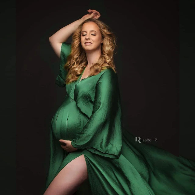 Boho V-neck Maternity Photo Shoot Long Dresses Satin Full Sleeve Pregnant Woman Photography Baby shower Dress