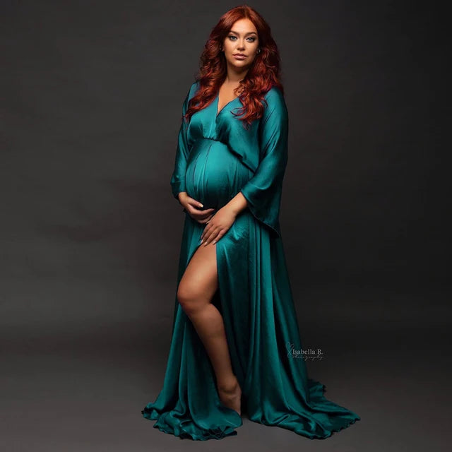 Boho V-neck Maternity Photo Shoot Long Dresses Satin Full Sleeve Pregnant Woman Photography Baby shower Dress