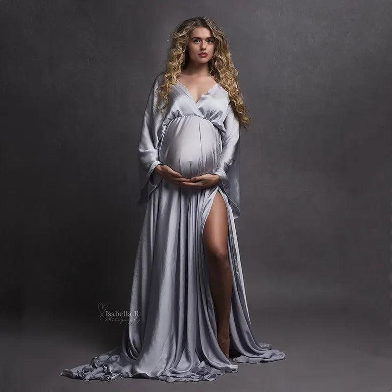 Boho V-neck Maternity Photo Shoot Long Dresses Satin Full Sleeve Pregnant Woman Photography Baby shower Dress